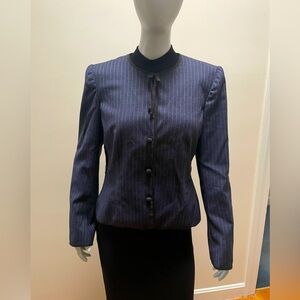 Vintage 2000s Emanuel Ungaro navy pinstripe wool suit jacket w/blk trim. IT 44